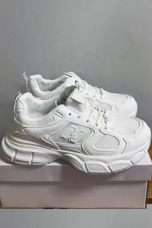 ALL WHITE LACE UP FASHION STYLISH CHUNKY FLAT TRAINERS