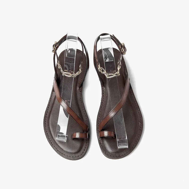 BeauToday Women's Leather Clip Toe One Strap Sandals with Chain Ankle Strap