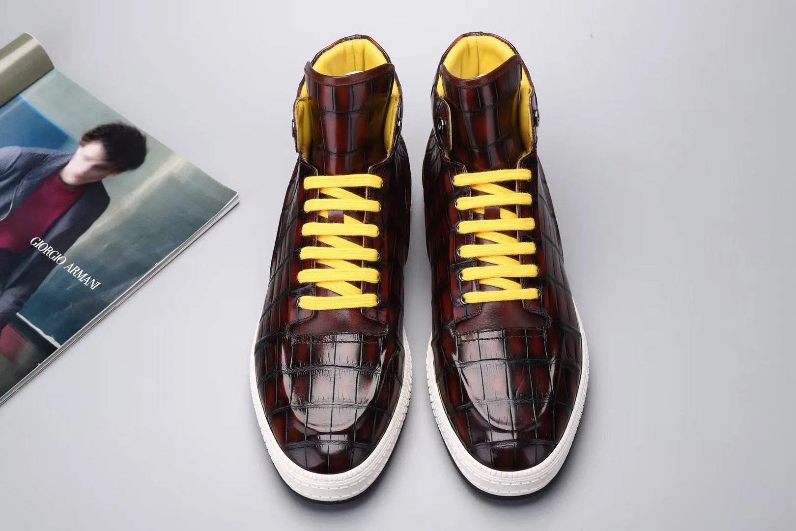 Crocodile Shoes Men's Sneakers , Genuine Crocodile Skin Leather High Heel Sneakers Wine Red