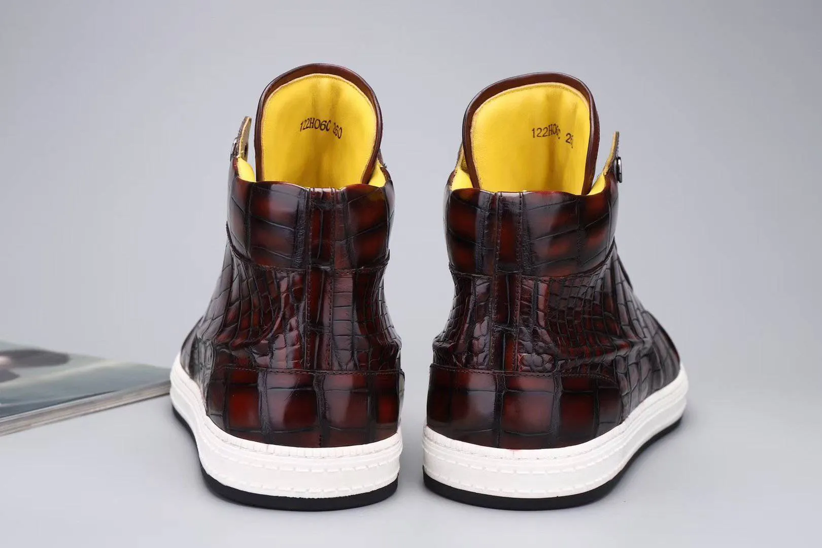 Crocodile Shoes Men's Sneakers , Genuine Crocodile Skin Leather High Heel Sneakers Wine Red