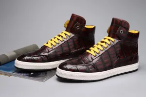 Crocodile Shoes Men's Sneakers , Genuine Crocodile Skin Leather High Heel Sneakers Wine Red