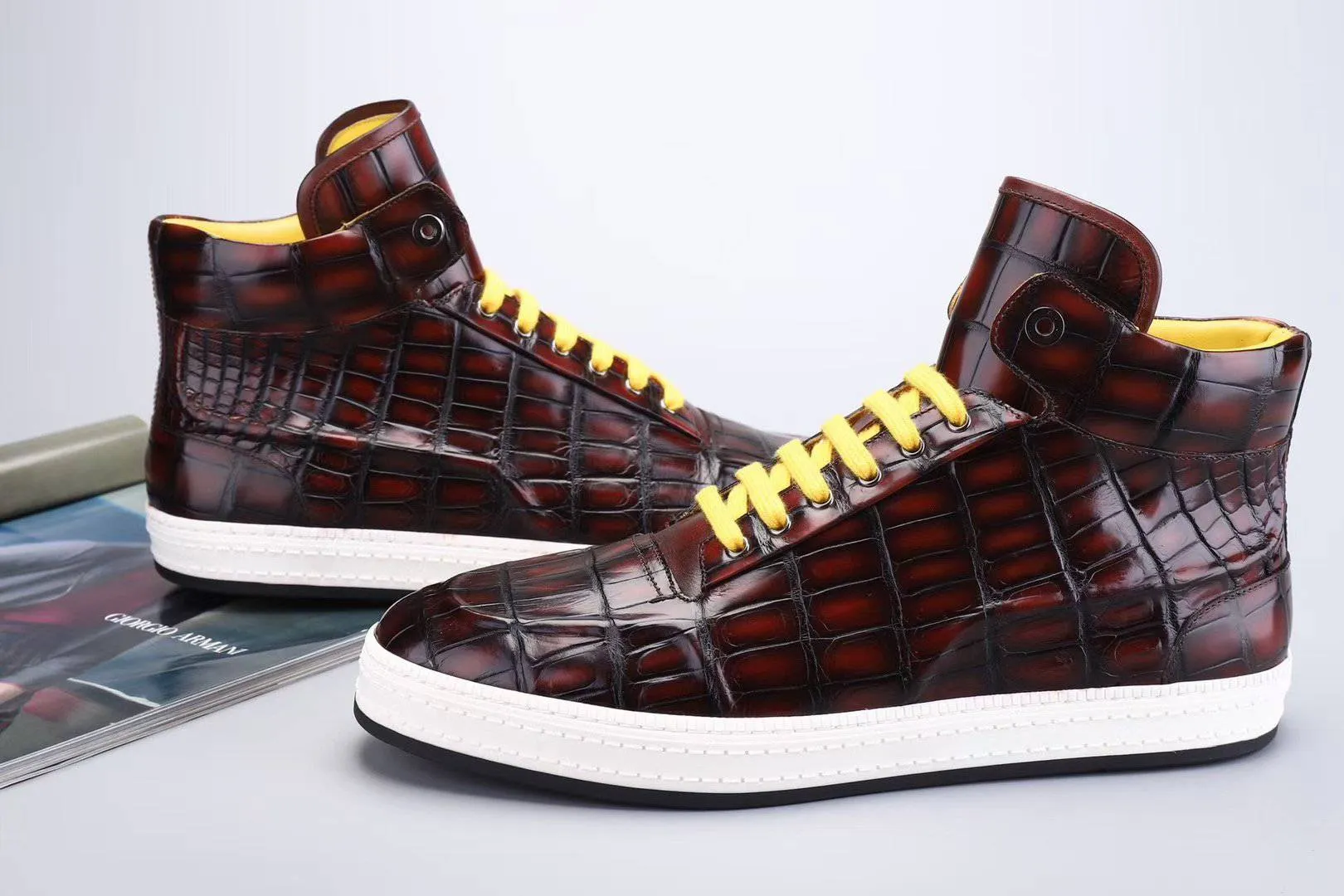 Crocodile Shoes Men's Sneakers , Genuine Crocodile Skin Leather High Heel Sneakers Wine Red