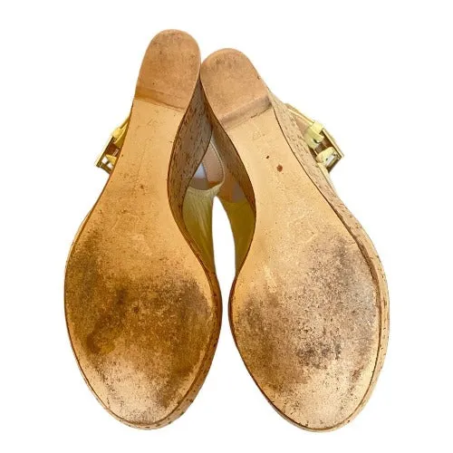 GIANVITO ROSSI Cream Patent Leather Slingback Cork Wedge, Size 37
