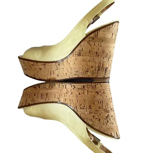 GIANVITO ROSSI Cream Patent Leather Slingback Cork Wedge, Size 37