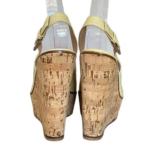 GIANVITO ROSSI Cream Patent Leather Slingback Cork Wedge, Size 37