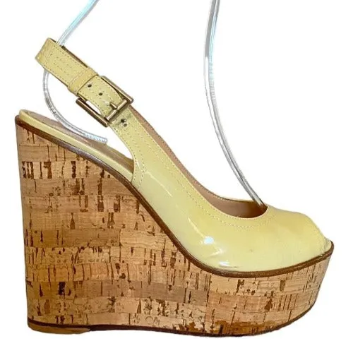 GIANVITO ROSSI Cream Patent Leather Slingback Cork Wedge, Size 37