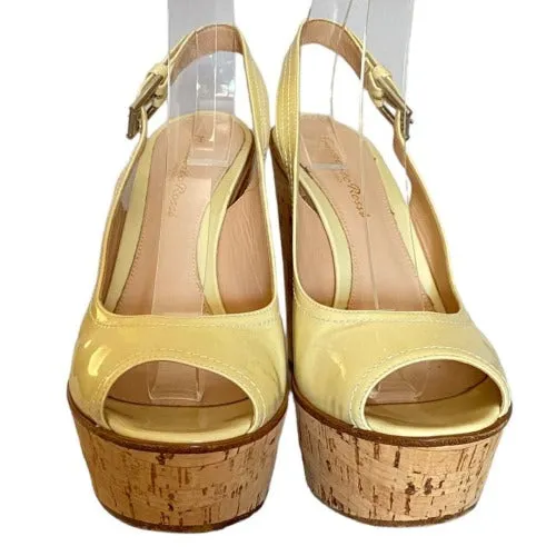 GIANVITO ROSSI Cream Patent Leather Slingback Cork Wedge, Size 37