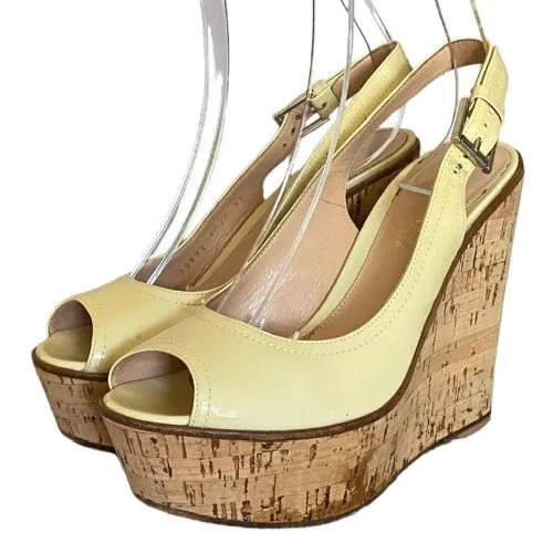 GIANVITO ROSSI Cream Patent Leather Slingback Cork Wedge, Size 37