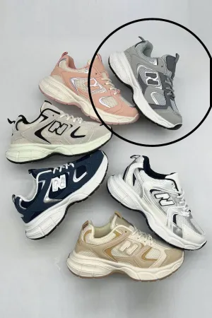 GREY LACE UP FASHION STYLISH CHUNKY FLAT TRAINERS