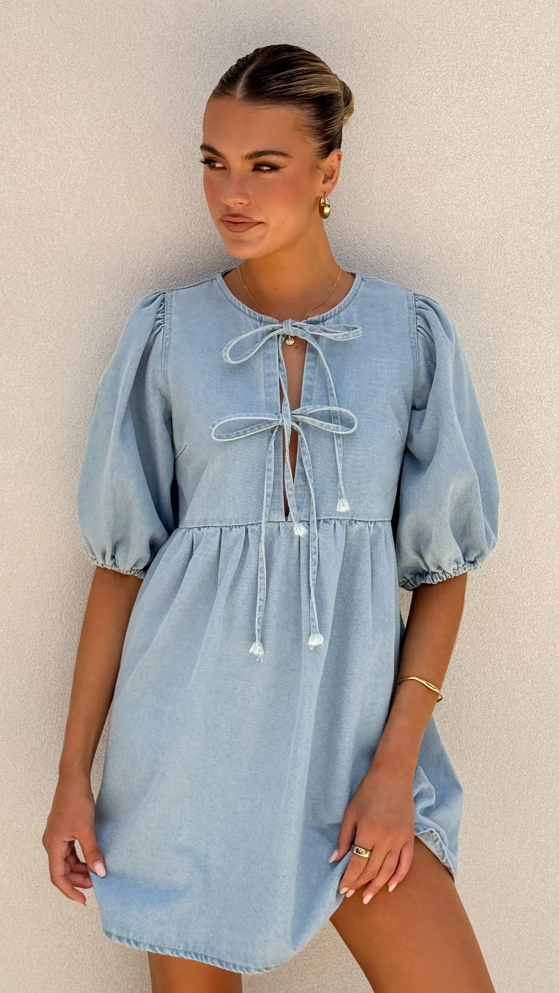 Kassie Tie Up Mini Dress - Light Denim