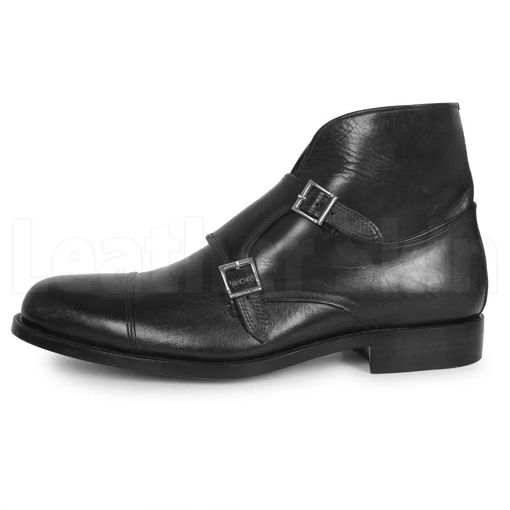 Men Black Double Monk Chukka Genuine Leather Boots