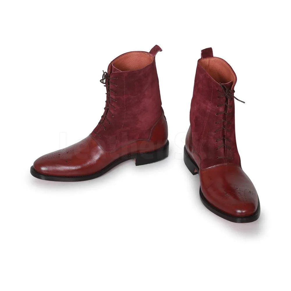 Men Red Burgundy Brogue Genuine & Suede Lace Up Leather Boots