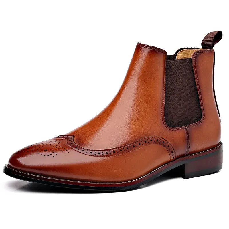 Men's Retro Chelsea Boots - Brogue Leather Ankle Boots, British Style Casual Business Shoes