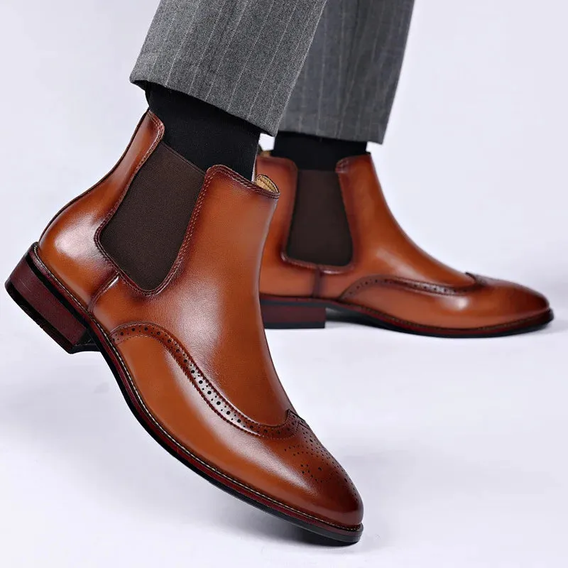 Men's Retro Chelsea Boots - Brogue Leather Ankle Boots, British Style Casual Business Shoes