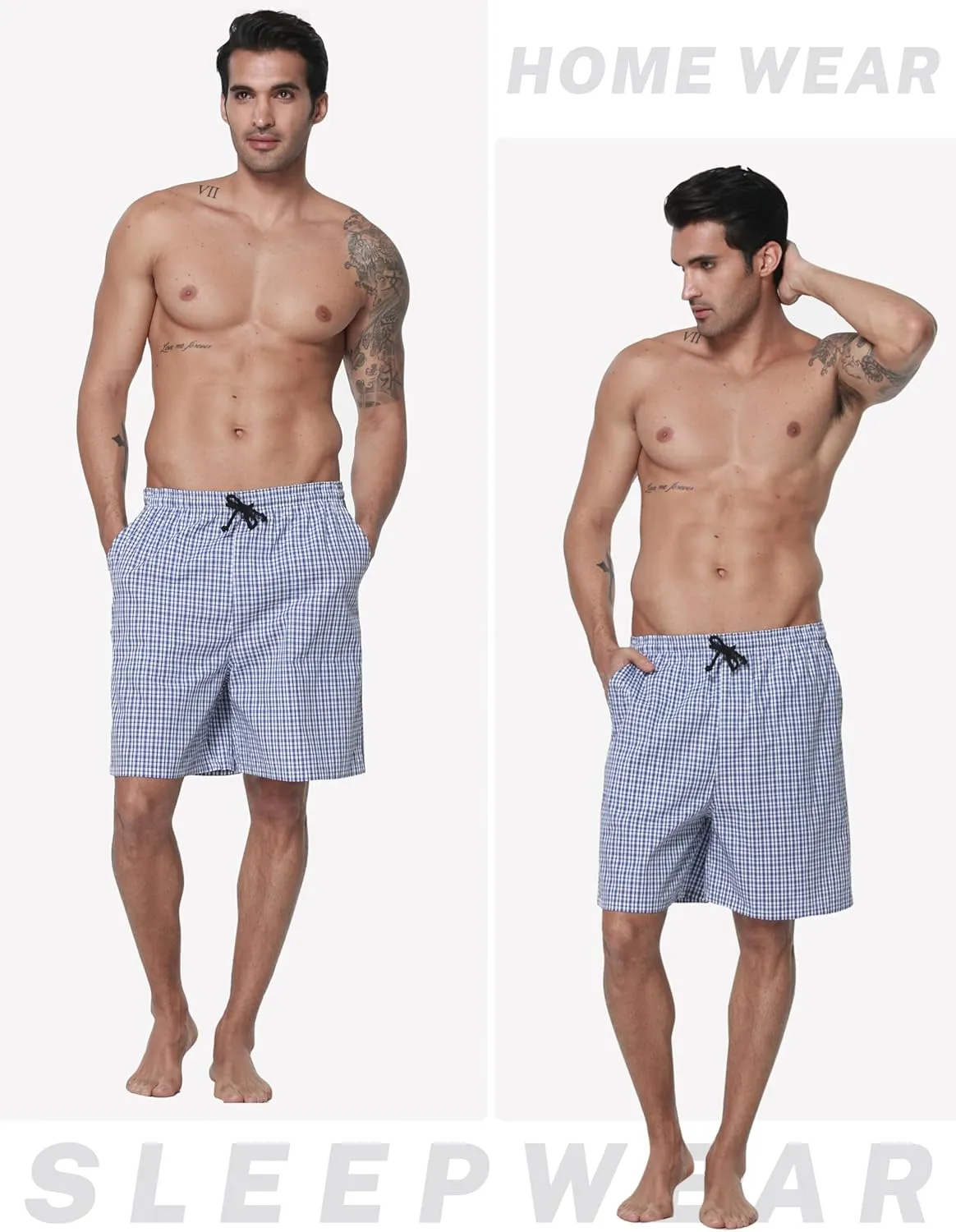 MoFiz Men's Plaid Pajama Shorts 3-Pack Cotton Sleep Lounge Shorts Lightweight Soft Summer Nightwear with Pockets Button Fly