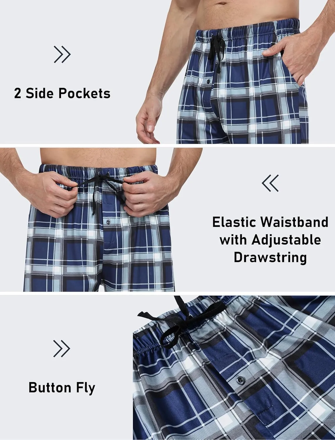 MoFiz Men's Plaid Pajama Shorts 3-Pack Cotton Sleep Lounge Shorts Lightweight Soft Summer Nightwear with Pockets Button Fly