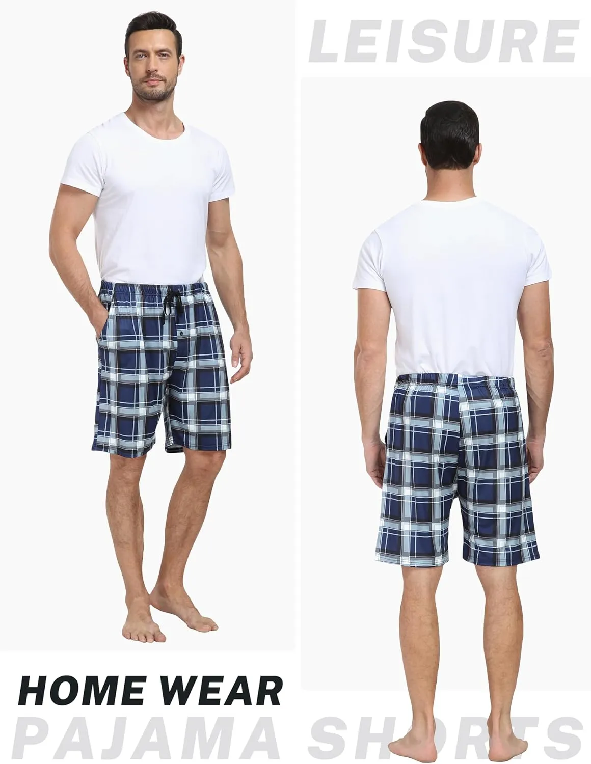 MoFiz Men's Plaid Pajama Shorts 3-Pack Cotton Sleep Lounge Shorts Lightweight Soft Summer Nightwear with Pockets Button Fly