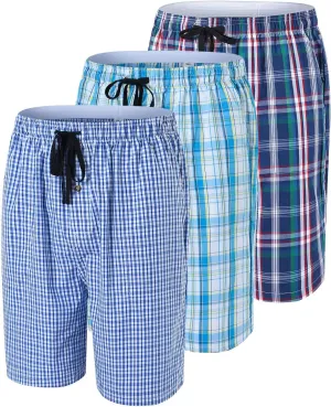 MoFiz Men's Plaid Pajama Shorts 3-Pack Cotton Sleep Lounge Shorts Lightweight Soft Summer Nightwear with Pockets Button Fly