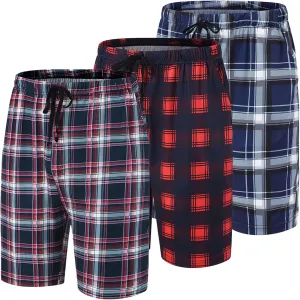 MoFiz Men's Plaid Pajama Shorts 3-Pack Cotton Sleep Lounge Shorts Lightweight Soft Summer Nightwear with Pockets Button Fly