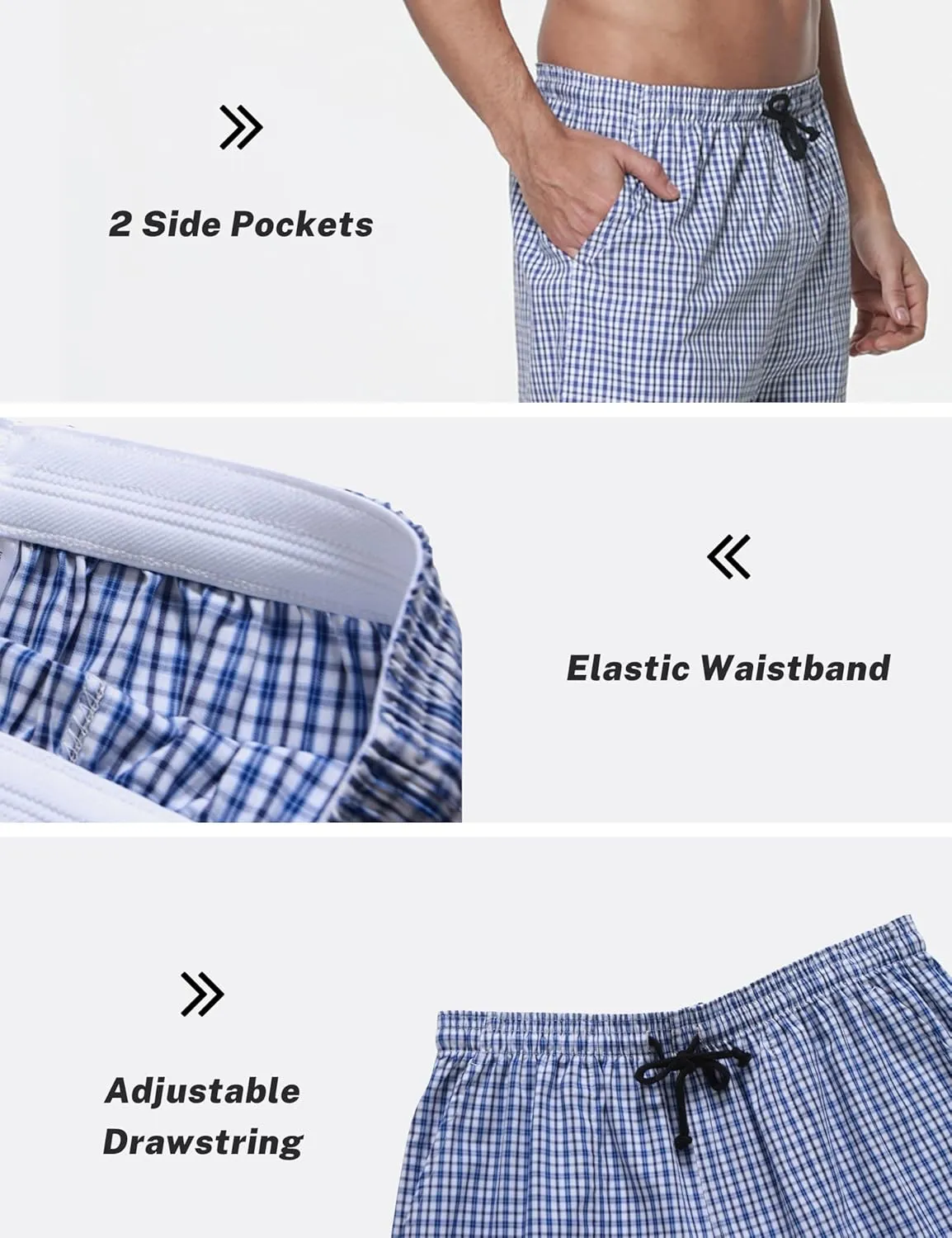 MoFiz Men's Plaid Pajama Shorts 3-Pack Cotton Sleep Lounge Shorts Lightweight Soft Summer Nightwear with Pockets Button Fly
