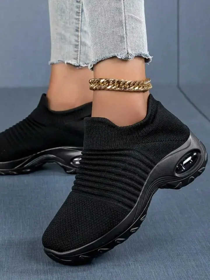 NEW Retails $75  Women's Breathable Knit Chunky Sneakers, Casual Slip On Air Cushion Shoes, Lightweight Low Top Sock Shoes, Pure Black, Sz 6