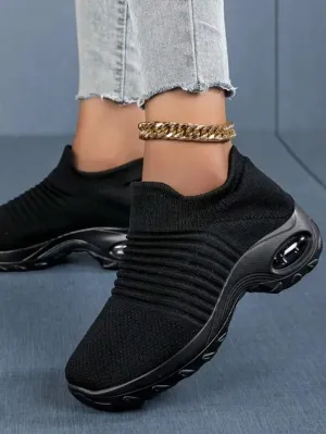 NEW Retails $75  Women's Breathable Knit Chunky Sneakers, Casual Slip On Air Cushion Shoes, Lightweight Low Top Sock Shoes, Pure Black, Sz 6