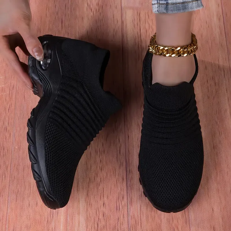 NEW Retails $75  Women's Breathable Knit Chunky Sneakers, Casual Slip On Air Cushion Shoes, Lightweight Low Top Sock Shoes, Pure Black, Sz 6