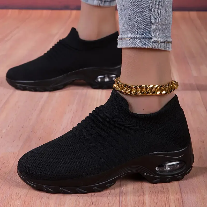 NEW Retails $75  Women's Breathable Knit Chunky Sneakers, Casual Slip On Air Cushion Shoes, Lightweight Low Top Sock Shoes, Pure Black, Sz 6