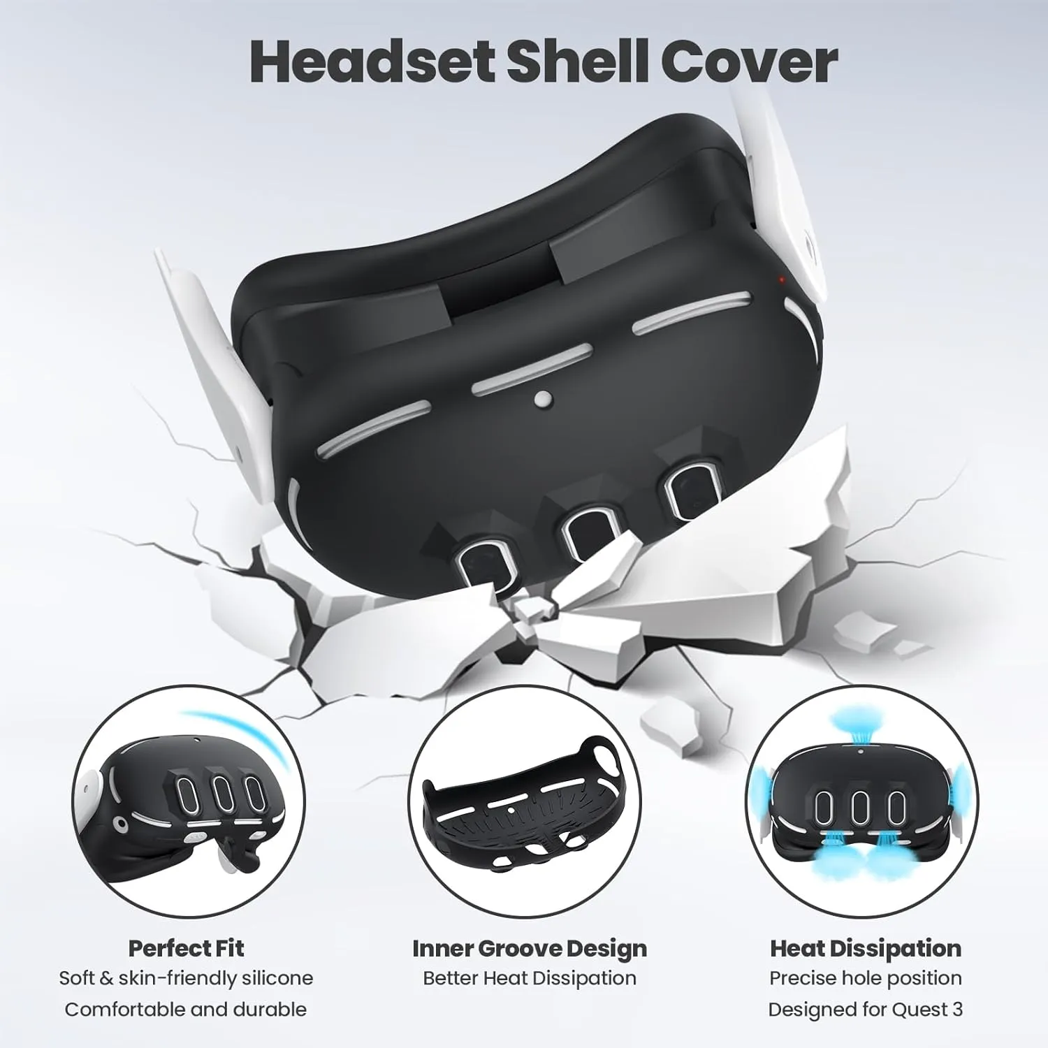 Silicone Cover Compatible with Meta/Oculus Quest 3 Accessories, VR Silicone Face Cover, VR Shell Cover,Touch Controller Grip Case,Camera Lens Protector Set (Black)