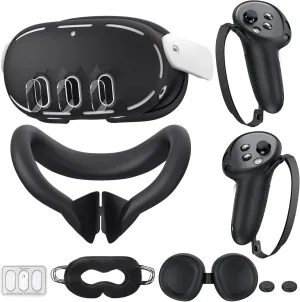 Silicone Cover Compatible with Meta/Oculus Quest 3 Accessories, VR Silicone Face Cover, VR Shell Cover,Touch Controller Grip Case,Camera Lens Protector Set (Black)