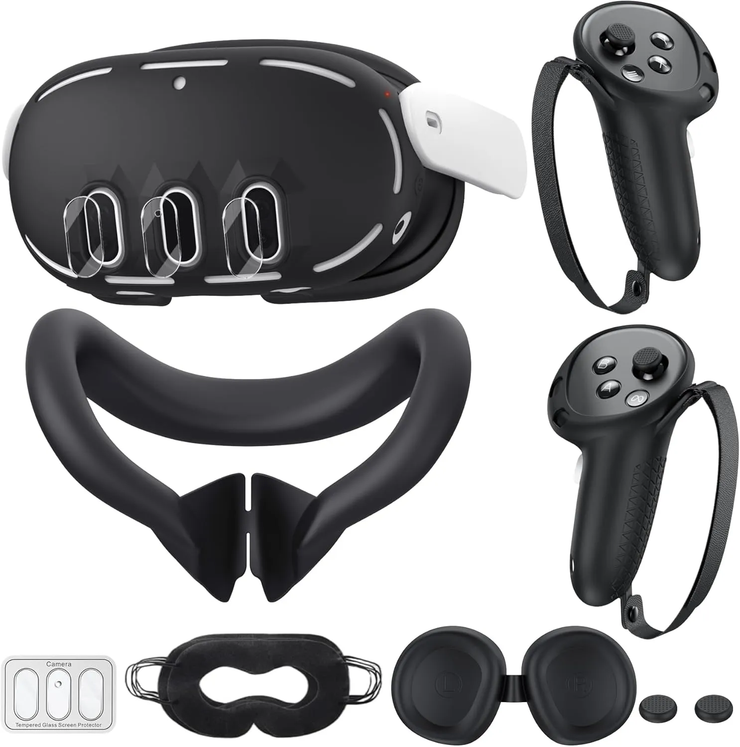 Silicone Cover Compatible with Meta/Oculus Quest 3 Accessories, VR Silicone Face Cover, VR Shell Cover,Touch Controller Grip Case,Camera Lens Protector Set (Black)