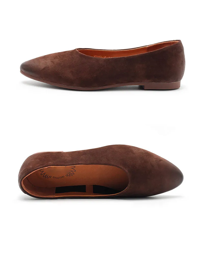 Suede Leather Soft Sole Pointed Toe Retro Flat Pumps