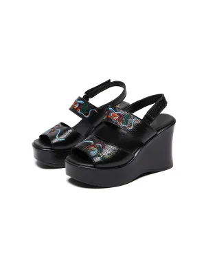 Summer Flower Embroidery Wedge Sandals Slingback