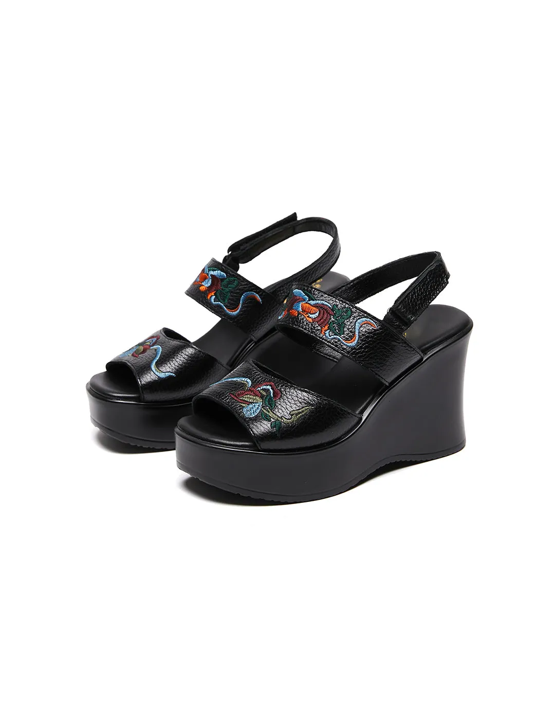 Summer Flower Embroidery Wedge Sandals Slingback