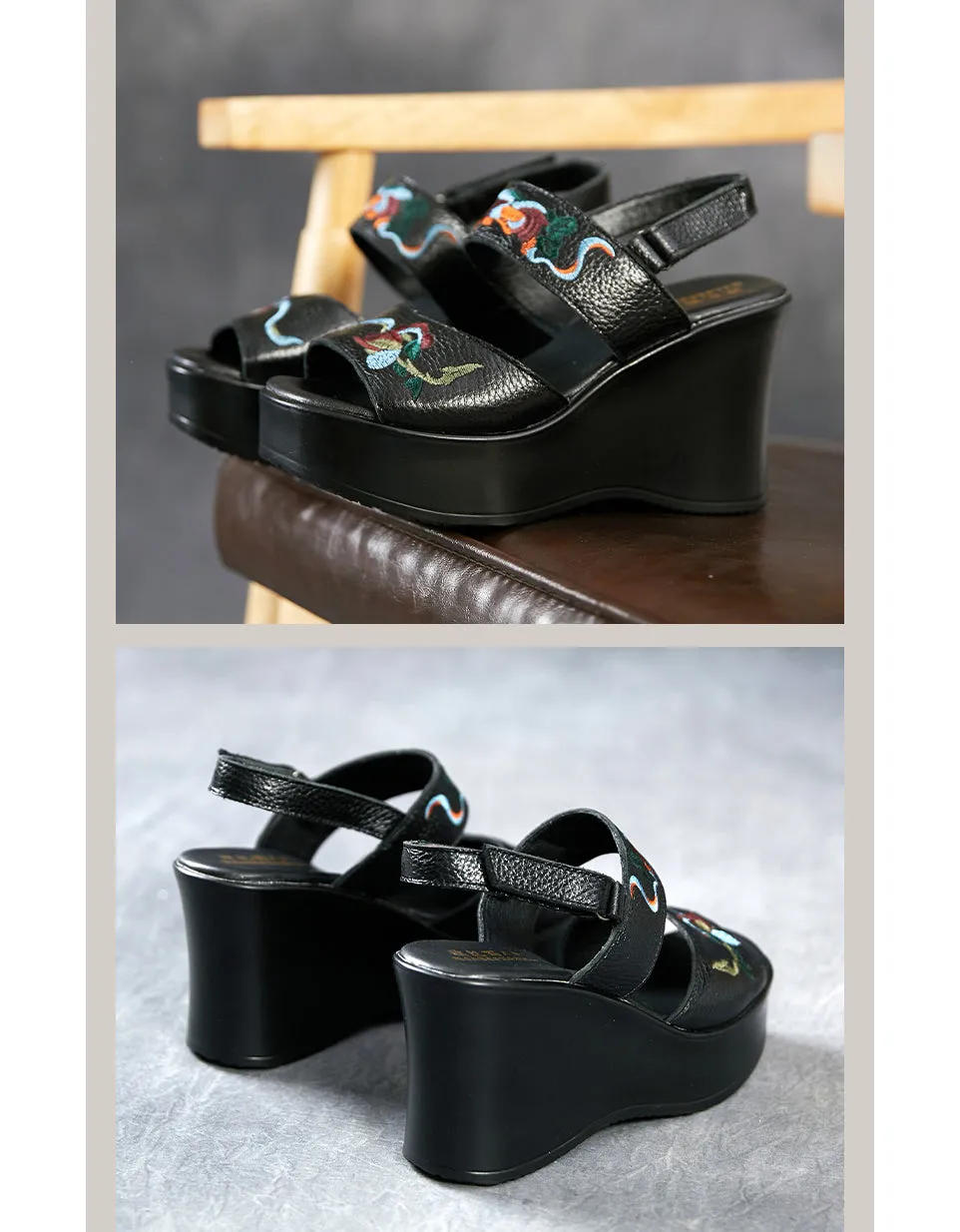 Summer Flower Embroidery Wedge Sandals Slingback