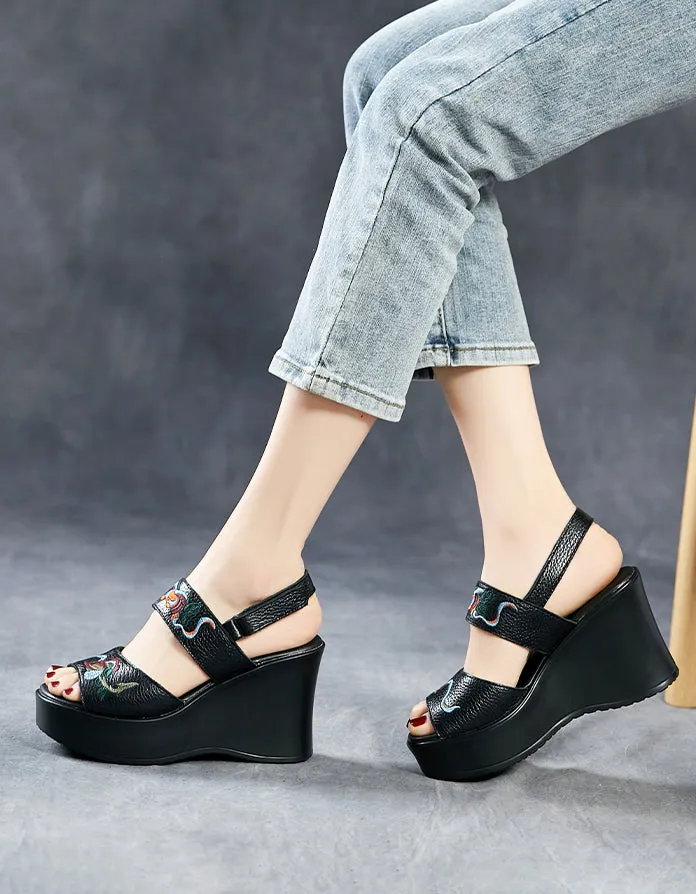 Summer Flower Embroidery Wedge Sandals Slingback