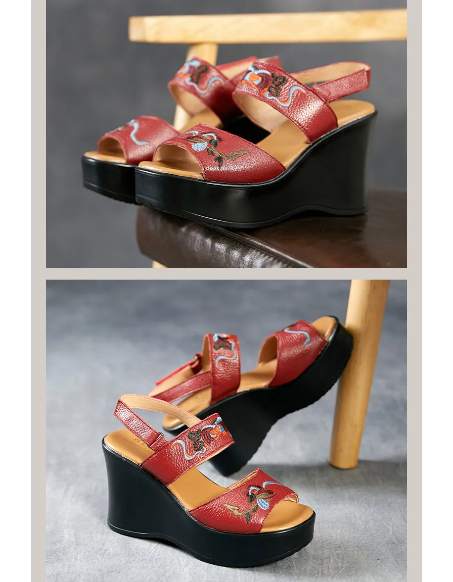 Summer Flower Embroidery Wedge Sandals Slingback