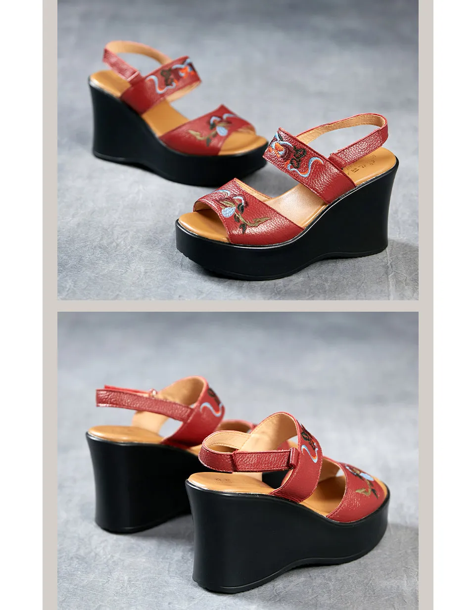 Summer Flower Embroidery Wedge Sandals Slingback