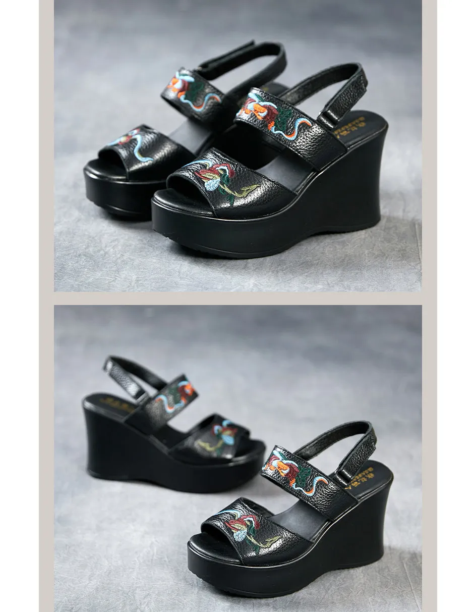 Summer Flower Embroidery Wedge Sandals Slingback