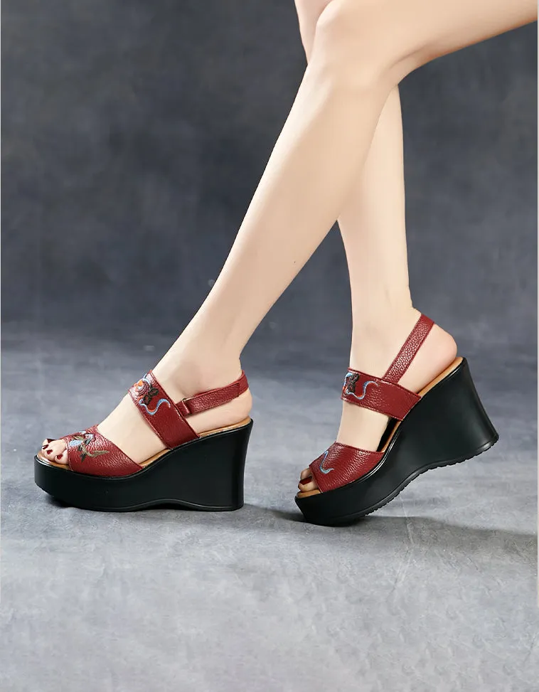 Summer Flower Embroidery Wedge Sandals Slingback