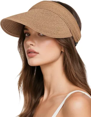 Sun Visor Hats for Women, UV Protection Straw Sun Hat, Packable Ponytail Beach Hat for Summer Travel & Outdoor Activities