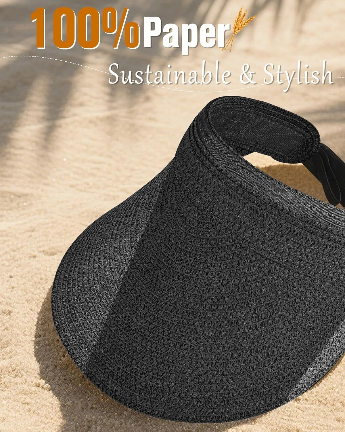 Sun Visor Hats for Women, UV Protection Straw Sun Hat, Packable Ponytail Beach Hat for Summer Travel & Outdoor Activities
