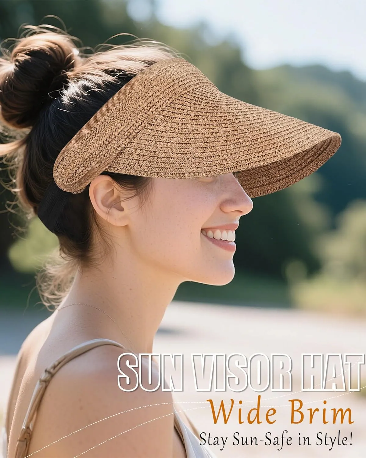 Sun Visor Hats for Women, UV Protection Straw Sun Hat, Packable Ponytail Beach Hat for Summer Travel & Outdoor Activities