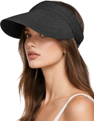 Sun Visor Hats for Women, UV Protection Straw Sun Hat, Packable Ponytail Beach Hat for Summer Travel & Outdoor Activities
