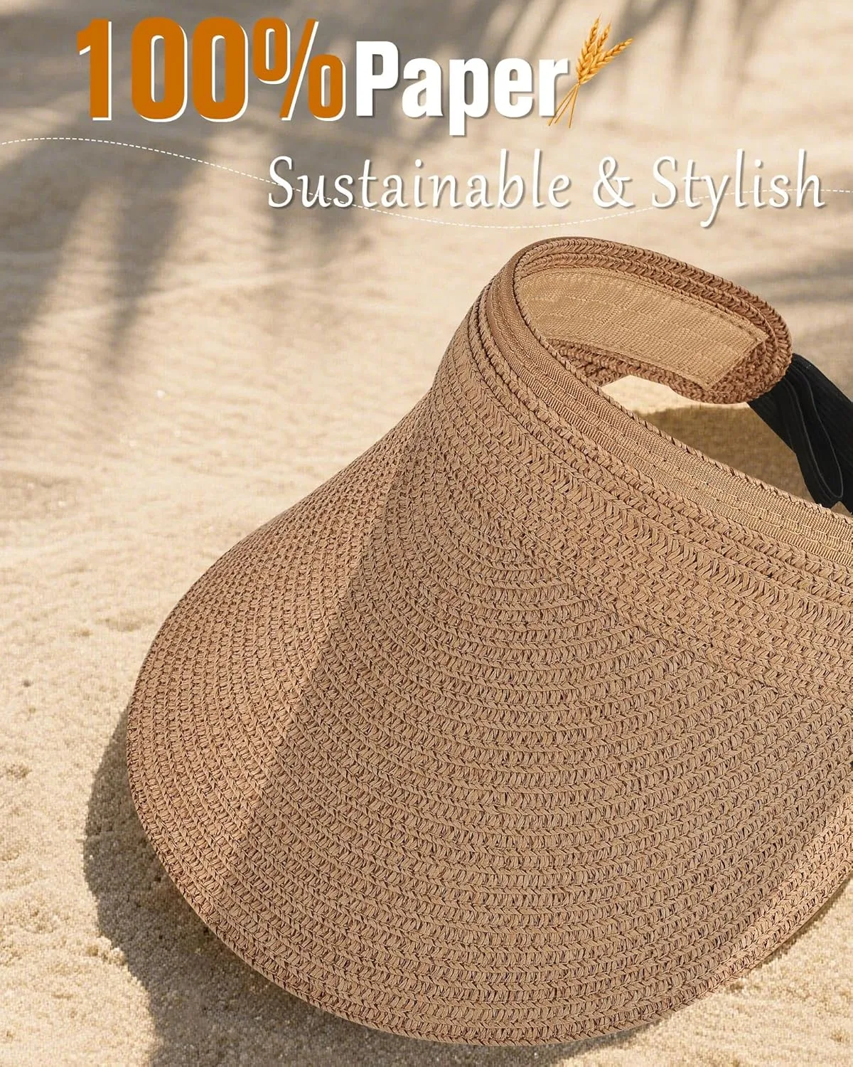 Sun Visor Hats for Women, UV Protection Straw Sun Hat, Packable Ponytail Beach Hat for Summer Travel & Outdoor Activities