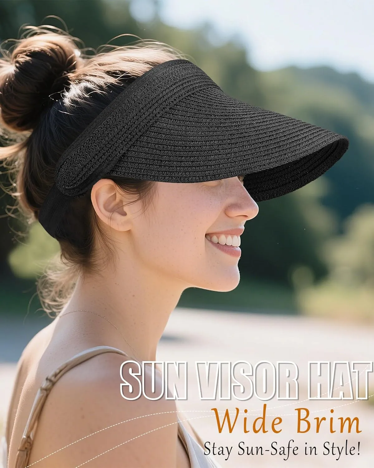 Sun Visor Hats for Women, UV Protection Straw Sun Hat, Packable Ponytail Beach Hat for Summer Travel & Outdoor Activities