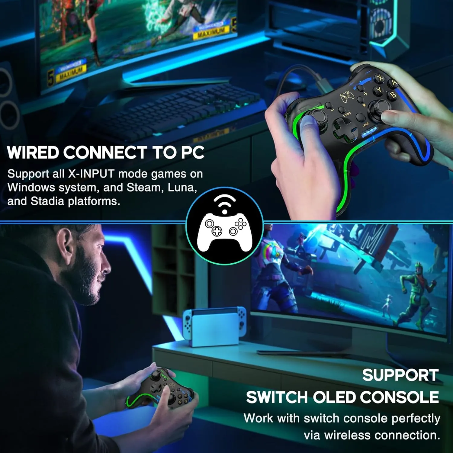 Switch Controller for Nintendo Switch/OLED/Lite, Replacement for Nintendo Switch Pro Controller Support PC & Android/iOS with Cool RGB LED, Wireless Switch Controller with Turbo,Vibration