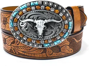 UTOWO Western PU-Leather Cowboy Buckle Belt for Men and Women Jeans Engraved Floral Longhorn Bull Buckle Belt (25-38" waist)