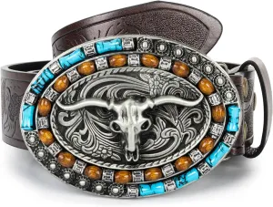 UTOWO Western PU-Leather Cowboy Buckle Belt for Men and Women Jeans Engraved Floral Longhorn Bull Buckle Belt (25-38" waist)