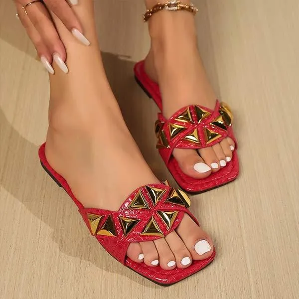 Women's Flat Slide Sandals with Stud Embellishments 40560046C